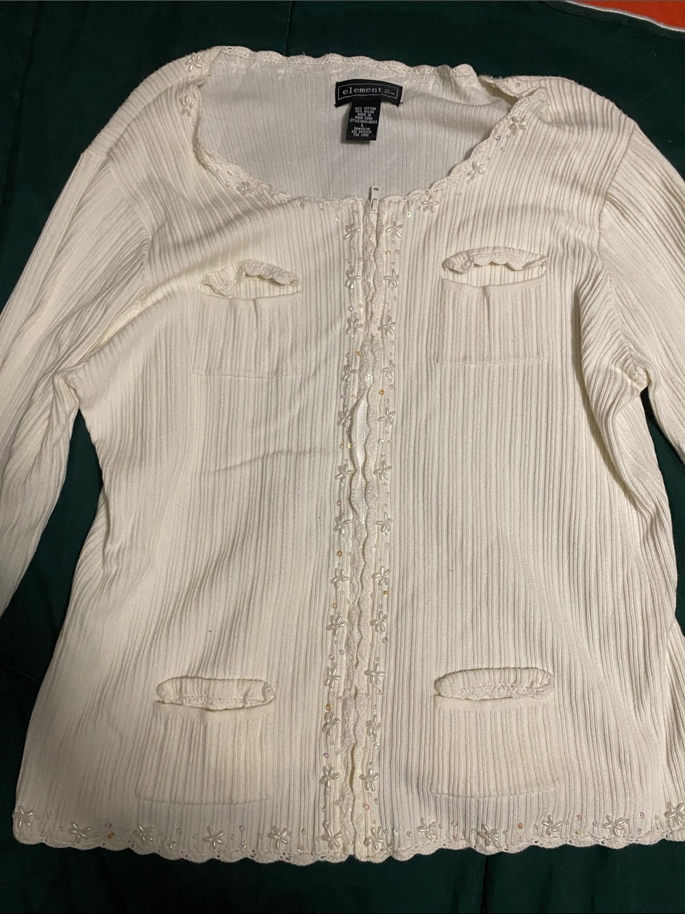 Elementz Cream Ribbed Embroidered Long Sleeve Top